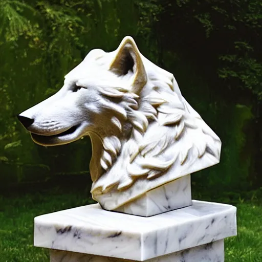 Image similar to a white marble bust of a wolf with gold filigree
