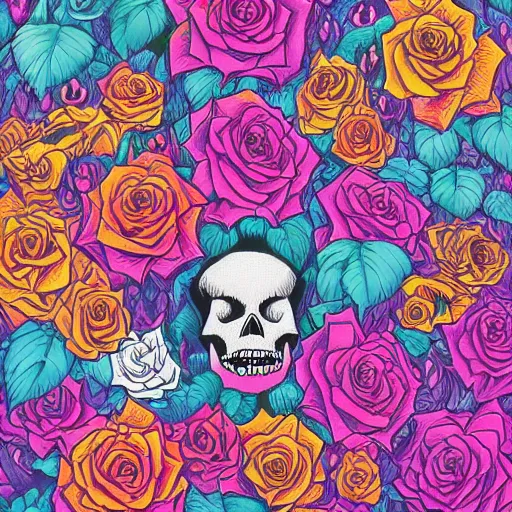 Image similar to ortographic view of large skulls and vivid roses by Jen Bartel and Dan Mumford and Satoshi Kon, gouache illustration, pastel colors-C 10