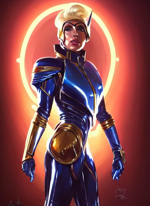 Image similar to lady gaga as nova corps officer, intricate, elegant, glowing lights, highly detailed, digital painting, artstation, glamor pose, concept art, smooth, sharp focus, illustration, art by artgerm and greg rutkowski, artey freytag