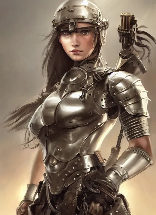 Image similar to a professional portrait of an attractive young girl, partially clothed in battle armor, olive skin, long dark hair, beautiful bone structure, symmetrical facial features, intricate, elegant, digital painting, concept art, smooth, sharp focus, finely detailed illustration, beautifully framed, from Metal Gear, in the style of Artgerm and Greg Rutkowski and William-Adolphe Bouguerea