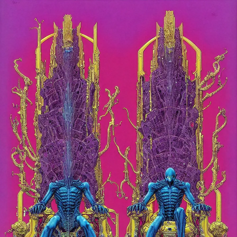 Image similar to ( ( ( ( an alien king sitting on a throne, with decorative frame design ) ) ) ) by mœbius!!!!!!!!!!!!!!!!!!!!!!!!!!!, overdetailed art, colorful, artistic record jacket design