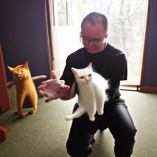 Prompt: photo of a man juggling cats