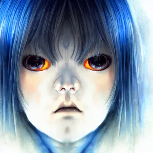 Prompt: portrait of rimuru tempest, sky blue straight hair, long bangs, with amber eyes, wearing a black jacket, high collar, ultra detailed, brush strokes, skin texture, digital painting, cinematic, wlop artstation, closeup, pixiv, eerie, scary, intimidating glare, evil, junji ito, yoshitaka amano