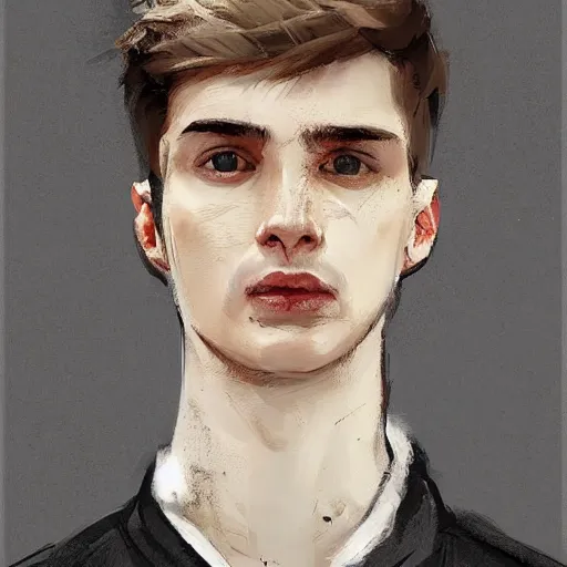 Image similar to Portrait of a man by Greg Rutkowski, he is about 20 years old, west slav features, short blonde hair with bangs, attractive, smart looking, slim, somewhat androgenic, he is wearing a white and black utilitarian jumpsuit, highly detailed portrait, scifi, digital painting, artstation, concept art, smooth, sharp foccus ilustration, Artstation HQ