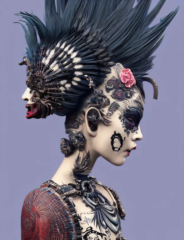 Image similar to 3 d goddess close - up profile portrait punk with mohawk in victorian style with ram skull. beautiful intricately detailed japanese crow kitsune mask and clasical japanese kimono. betta fish, jellyfish phoenix, bio luminescent, plasma, ice, water, wind, creature, artwork by tooth wu and wlop and beeple and greg rutkowski