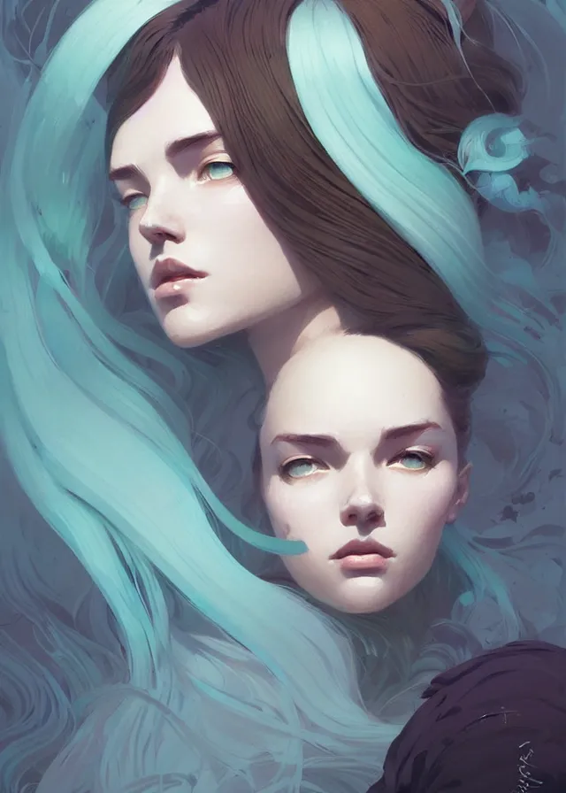 Image similar to beautiful artistic - wave highly detailed portrait female, front facing, long green hair, by atey ghailan, by greg rutkowski, by greg tocchini, by james gilleard, by joe fenton, by kaethe butcher, dynamic lighting, gradient light blue, brown, blonde cream and white color scheme, grunge aesthetic