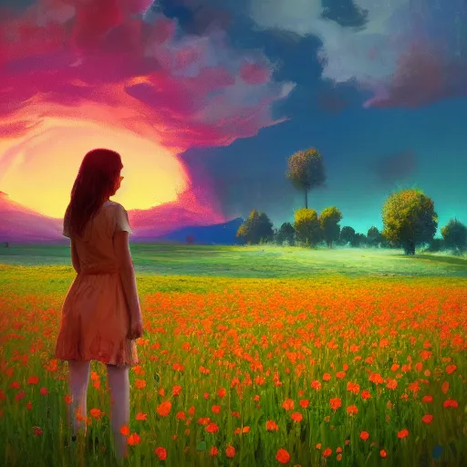 Image similar to girl with a flower face, surreal photography, bizzare, dreamlike, standing in flower field, in a valley, sunrise dramatic light, impressionist painting, colorful clouds, artstation, simon stalenhag