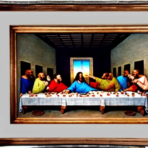Prompt: the last supper but with famous african american, painting, on display