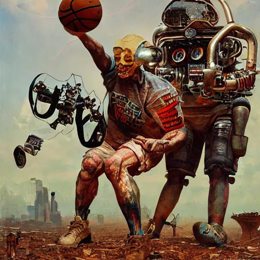 Prompt: junky playing basketball, cybertronic gadgets and vr helmet, flesh + technology, durty colours, rotten textures, rusty shapes, ralph meyer, biotechnology, norman rockwell, tim hildebrandt, viktor safonkin, dariusz zawadzki, bruce pennington, larry elmore, intricate details, hyperrealistic oil painting on canvas, deep depth field