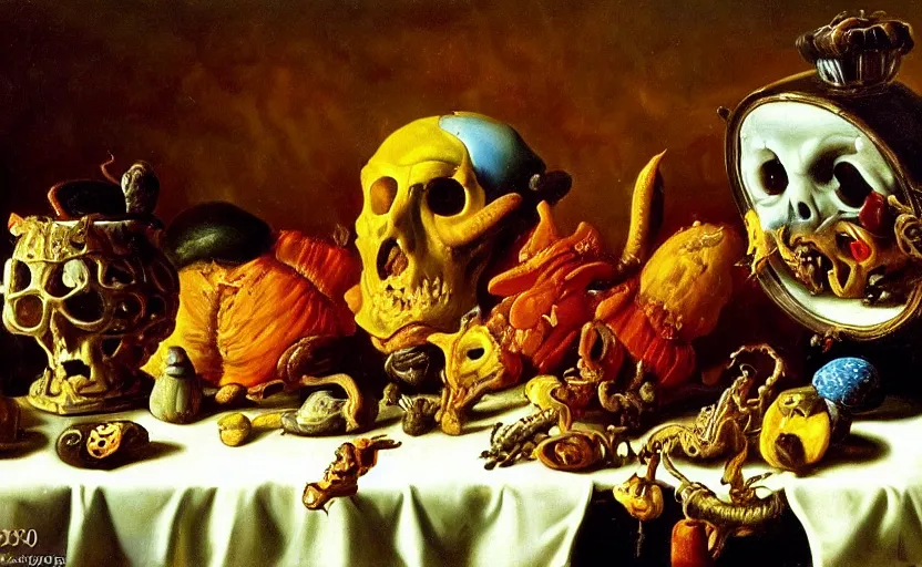 Image similar to disturbing colorful oil painting dutch golden age vanitas still life with bizarre objects strange gooey surfaces shiny metal bizarre insects rachel ruysch dali todd schorr very detailed perfect composition rule of thirds masterpiece canon 5 0 mm, cinematic lighting, photography, retro, film, kodachrome