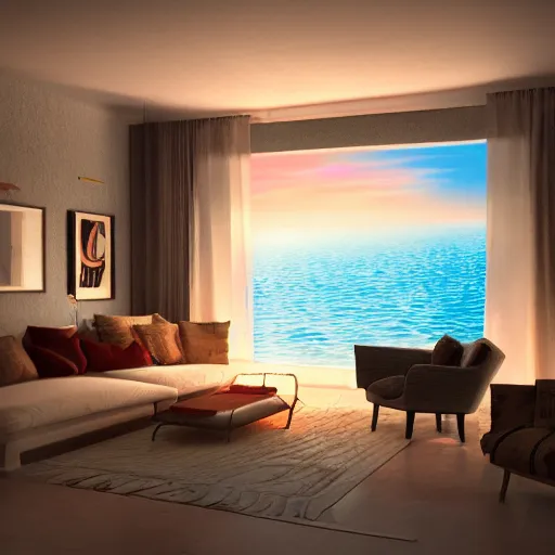 Prompt: retro virtual interior, crisp, artstation, luxury, beautiful, dim painterly volumetric aquatic sunset lighting, 3 d concept art