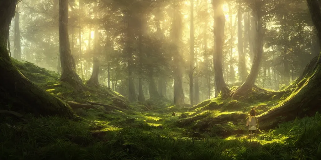 Image similar to a forest, detailed oil painting, cinematic angle, hyperrealistic, breathtaking, cinematic lighting, Studio Ghibli, Jessica Rossier, digital art, octane render, epic composition, trending on artstation, masterpiece
