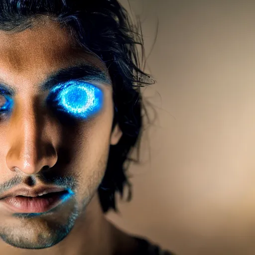 Prompt: photograph of an Indian young man with piercing blue eyes, glassy eyes, galaxy in eyes, dramatic lighting, dramatic lighting, beautiful, epic, glorious, extreme detail, 4k, award-winning
