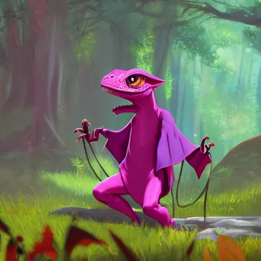 Image similar to concept art painting of an anthropomorphic lizard wearing magenta wizard robes, in the deep forest, realistic, detailed, cel shaded, in the style of makoto shinkai and greg rutkowski and james gurney