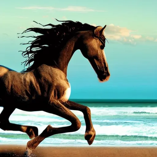 Image similar to skeleton horse running on the beach, edited photo, photoshop