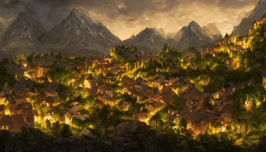 Prompt: small medieval village with crowded banquet built in green huge mountains at night, hyperdetailed, artstation, cgsociety, 8 k