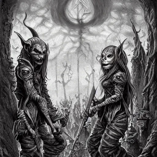 Prompt: goblin army, gothic art, subdued color, detailed, eerie, emotional, gothic, sad, highly detailed, very sharp focus, Artstation, deviantart, artgem, insane detail, intense black line art, precision detail, golden ratio, in the style of Heavy Metal Comics