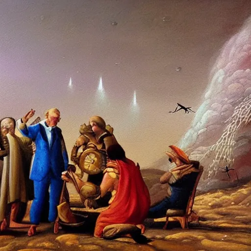 Image similar to ranaissance painting depicting people talking with aliens