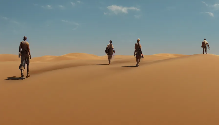 Prompt: survivors walking in desert, sand dunes, heat wave, wide view, hyperdetailed, artstation, cgsociety, 8 k