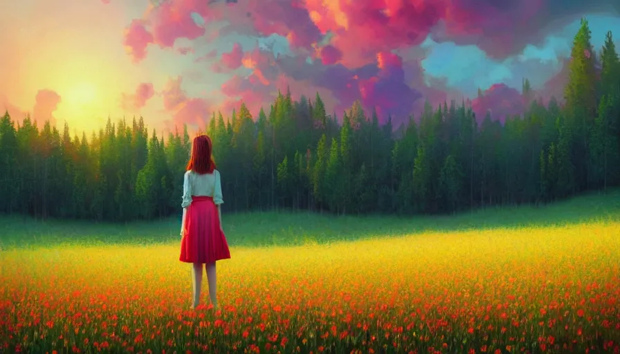 Image similar to girl with a flower face, surreal photography, dream, standing in flower field, hills, big trees, sunrise dramatic light, impressionist painting, colorful clouds, digital painting, pointillism, artstation, simon stalenhag, surreal