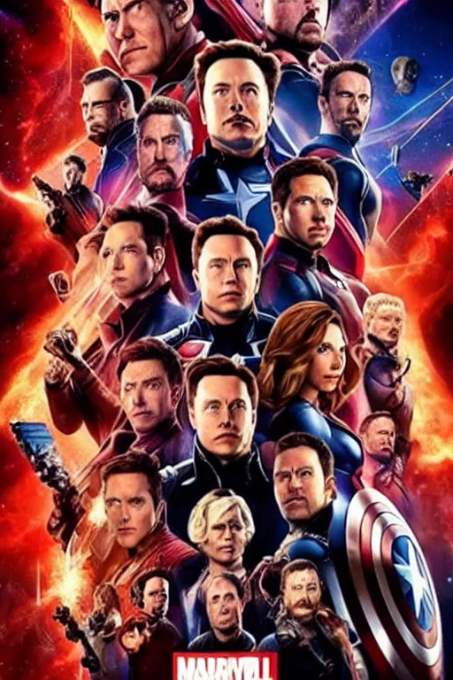 Prompt: a marvel movie poster where all of the faces are of elon musk