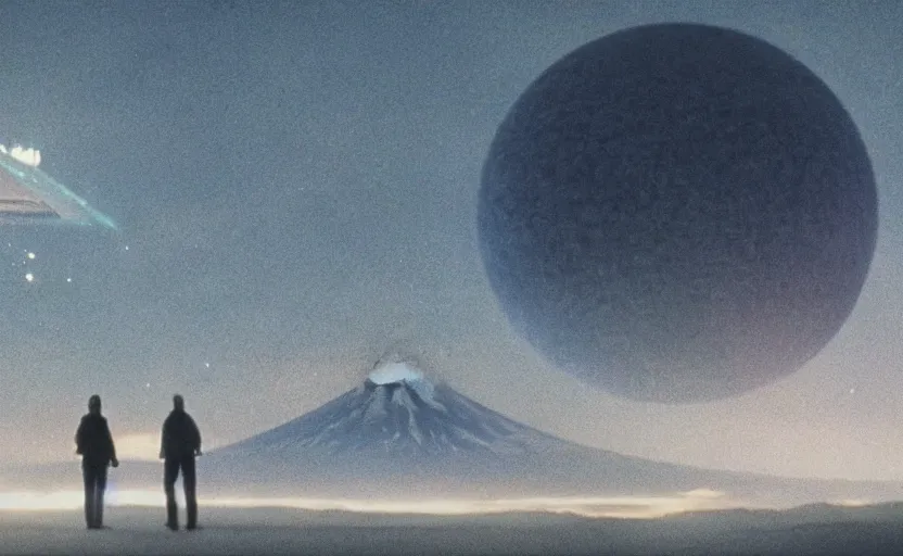 Prompt: movie still from the 2 0 2 2 sequel to close encounters of the third kind by steven spielberg, which takes place at mount fuji and in tokyo. visit from benevolent alien spaceships. epic science - fiction adventure.