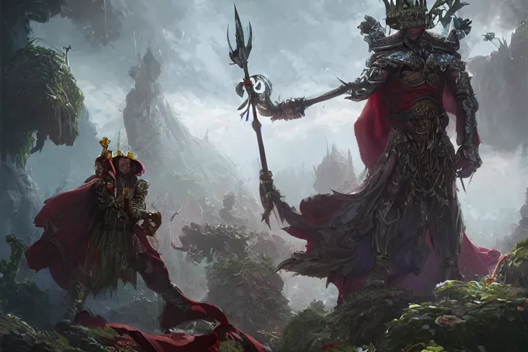 Image similar to ay cat wearing a crown and cape wielding a scepter fighting a muscular tunisian man wearing shrubbery, fantasy, digital painting, volumetric light, intricate, sharp, focus, bloom, illustration, highly detailed, concept art, matte, ruan jia, randy vargas, greg rutkowski