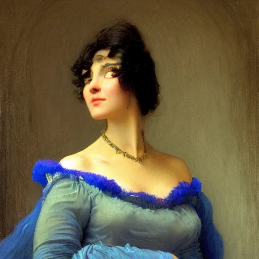 Prompt: young woman's face, her hair is white and she wears a cobalt blue duchesse satin cloak, by gaston bussiere and moebius and syd mead and roger dean and ivan aivazovsky and aelbert cuyp and willem claesz and pieter claesz and paul delaroche and alma tadema, hyperrealistic, volumetric light, octane