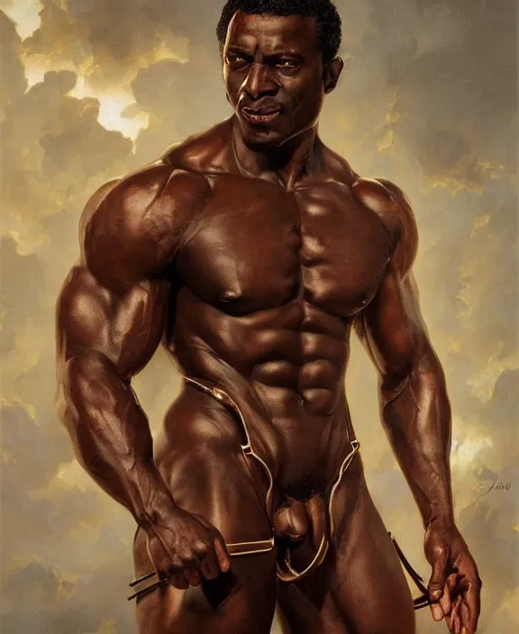 Image similar to a dark skinned muscular man wearing an intricate and detailed suspenders, glistening skin, honey birdette, realistic renaissance portrait, highly detailed, digital painting, artstation, concept art, smooth, sharp focus, cinematic lighting, art by john collier, artgerm and greg rutkowski and alphonse mucha and jacques louis david