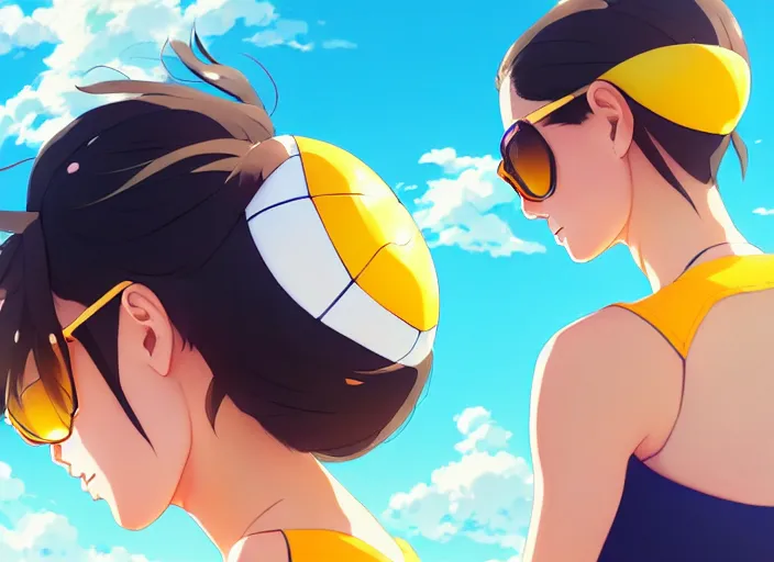 Prompt: side portrait of cute high school girl playing beach volley, sunny sky background stadium landscape illustration concept art anime key visual trending pixiv fanbox by wlop and greg rutkowski and makoto shinkai and studio ghibli and kyoto animation, symmetrical facial features, sports clothing, yellow aviator glasses, nike shirt, backlit