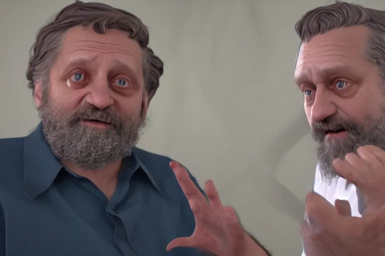 Image similar to Slavoj Zizek debating Jordan Peterson, still from disney movie, 3d render, octane render, high quality