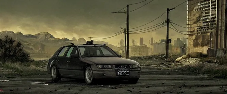 Image similar to Audi A4 B6 Avant (2002), a post apocalyptic, dramatic lighting, cinematic, establishing shot, extremly high detail, photorealistic, cinematic lighting, artstation, style by greg rutkowsky, Max Payne (PC) (2001) landscape