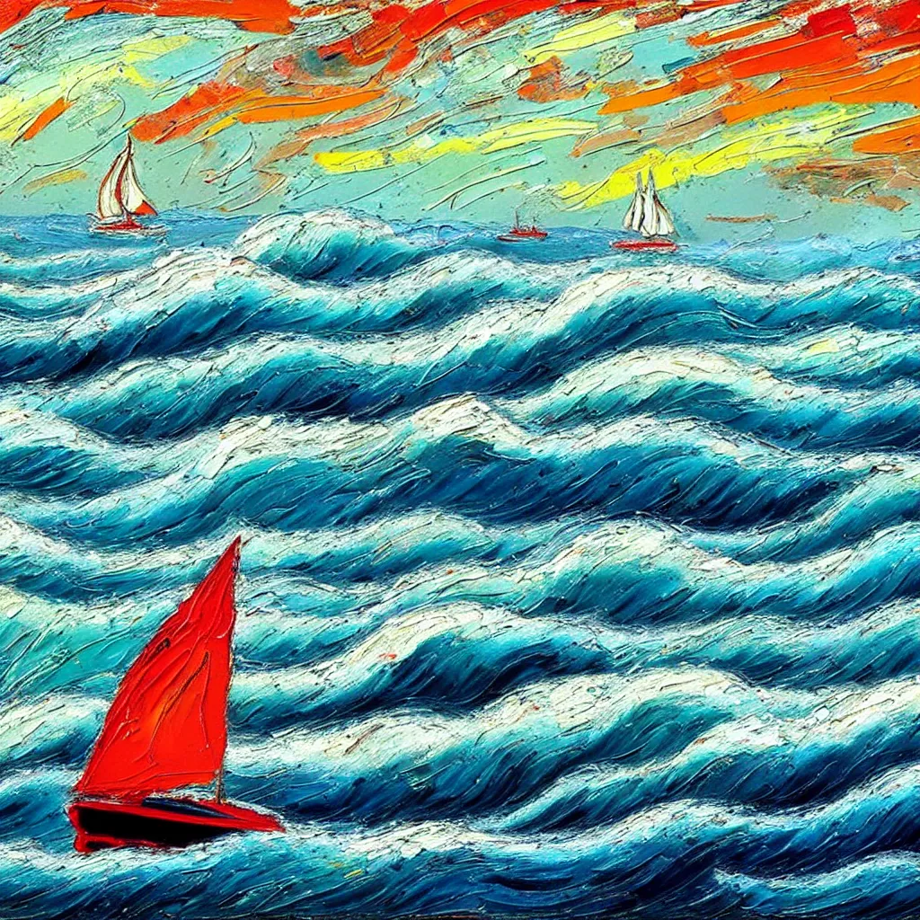 Prompt: Giant threatening beautiful Rolling waves, with a distant, red sailed yacht in the style of Jackson Pollack and painted in a style of painting similar to Van Gogh but more impasto and less hatching