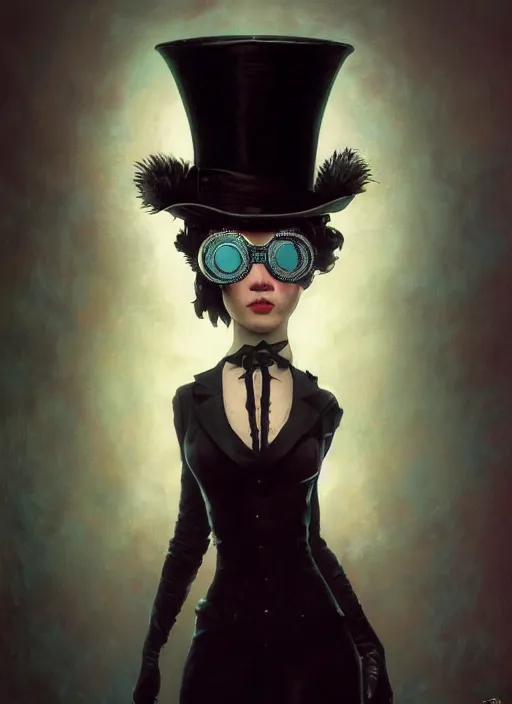 Image similar to highly detailed closeup portrait of jill the ripper wearing goggles and a top hat, stephen bliss, unreal engine, greg rutkowski, ilya kuvshinov, ross draws, tom bagshaw, tom whalen, alphonse mucha, nicoletta ceccoli, mark ryden, earl norem, global illumination, god rays, detailed and intricate environment