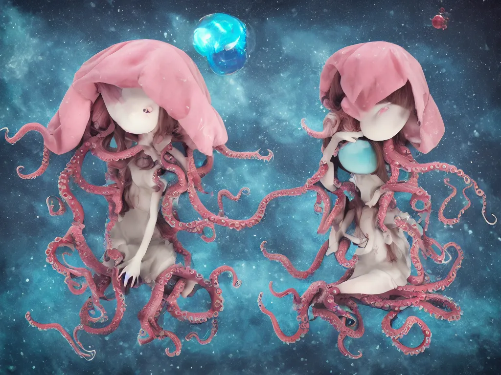 Image similar to cute fumo plush gothic octopus maiden alien girl swimming in the waves of the dark galactic abyss, tattered ragged gothic dress, ocean waves and reflective splashing water, vignette, vray