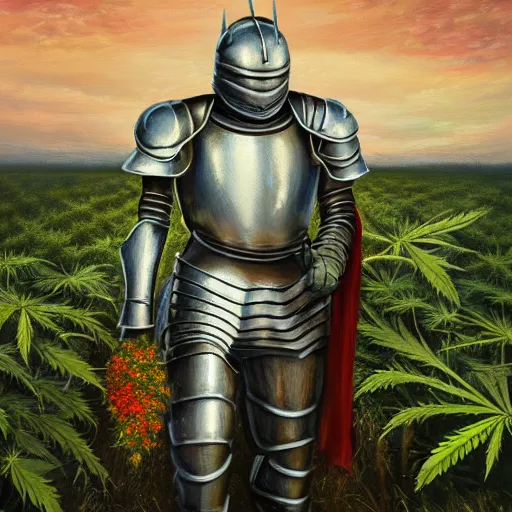 Prompt: a highly detailey oil painting of a full armored knight in a cannabis field. brush strokes. 4 k. colorful. photoshop. trending on artstation