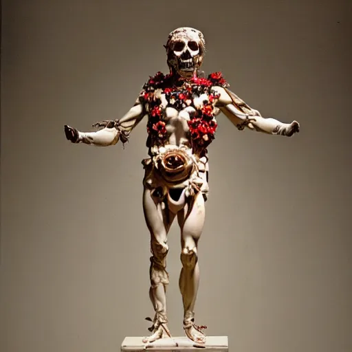 Image similar to a man in the form of a Greek sculpture with a mask in the form of a skull and wreath of flowers skulls in hands dressed in a biomechanical dress, red white and gold color scheme, baroque, by Michelangelo