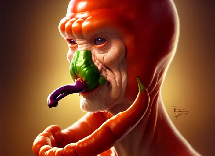 Image similar to a anthropomorphic pepper wearing a lab coat, diffuse lighting, fantasy, intricate, elegant, highly detailed, lifelike, photorealistic, digital painting, artstation, illustration, concept art, smooth, sharp focus, art by frank frazetta and marco bucci and loish and rossdraws and artgerm and alphonse mucha