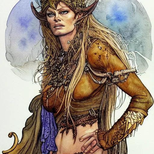 Image similar to a realistic and atmospheric watercolour fantasy character concept art portrait of brigitte bardot as a druidic warrior wizard looking at the camera with an intelligent gaze by rebecca guay, michael kaluta, charles vess and jean moebius giraud