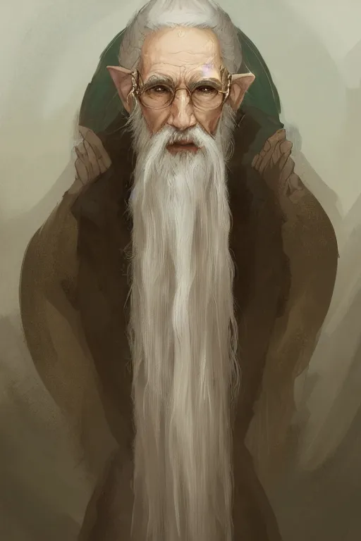 Image similar to a highly detailed portrait painting of an elderly healer elf male, long white beard, long elf ears, asian decent, by greg rutkowski and alphonse mucha, sharp focus, matte, concept art, artstation, digital painting