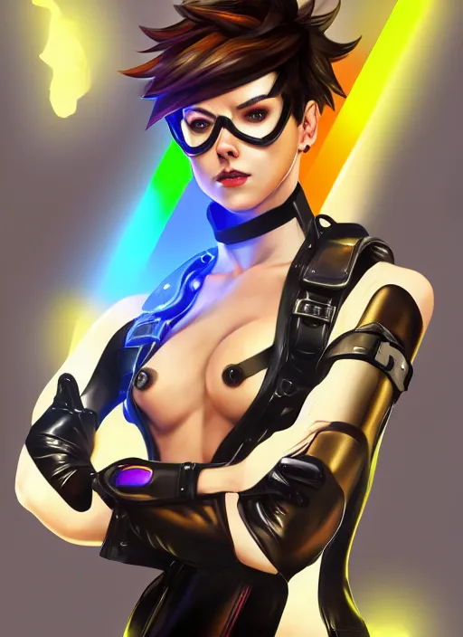 Image similar to oil painting digital artwork of tracer overwatch, confident pose, wearing black iridescent rainbow latex, 4 k, expressive happy smug expression, makeup, in style of mark arian, wearing leather collar, wearing sleek full body armor, black leather harness, expressive detailed face and eyes,