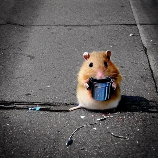 Image similar to “ hamster dressed as a homeless person sitting at an intersection with arms stretched out holding a tin can, trash on ground, sad atmosphere ”