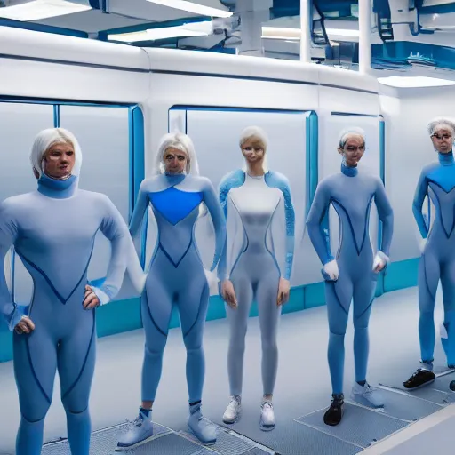 Image similar to group of identical athletic humans with light blue neoprene suits and white hair standing in a line on a conveyor belt, background of advanced futuristic laboratory, sci - fi, highly detailed, hyperrealistic