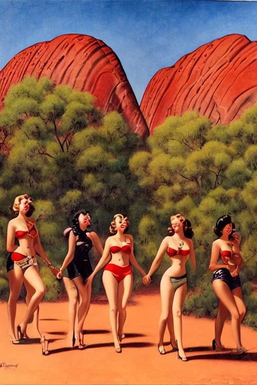 Image similar to 1940s group of pinup bikini girls walking around 1940s Ayers Rock, Uluru, in Australia, oil painting, by Gil Elvgren