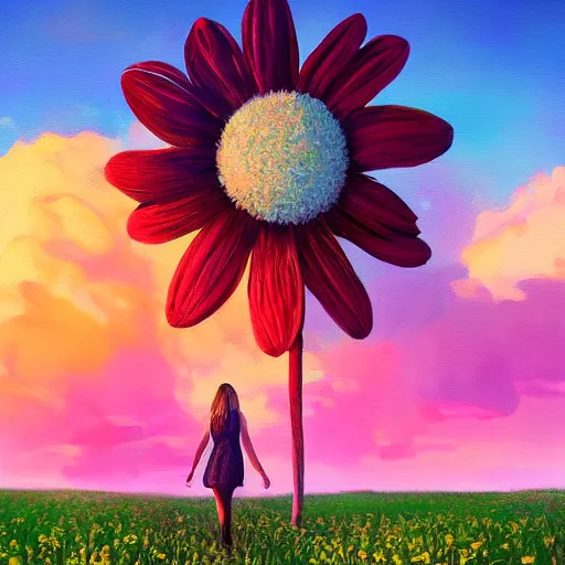 Image similar to giant daisy flower as a head, girl walking in flower field, surreal photography, sunrise, dramatic light, impressionist painting, colorful clouds, digital painting, artstation, simon stalenhag