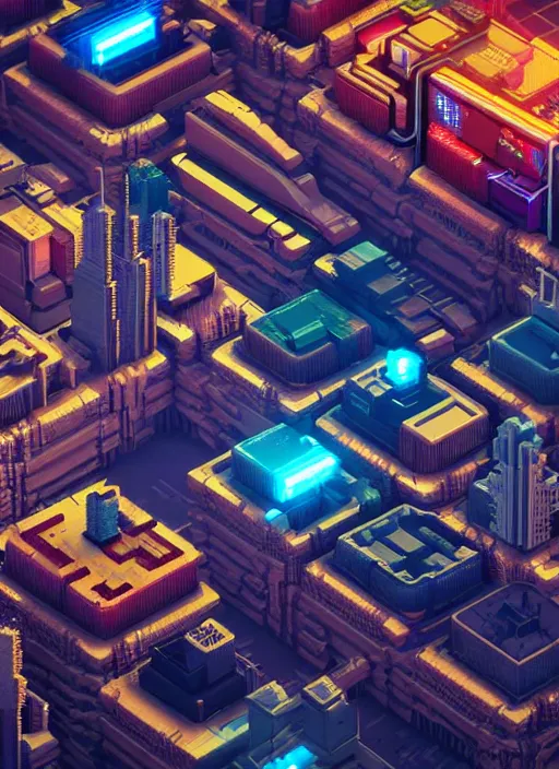 Image similar to voxel art of cyberpunk city from top view, au naturel, hyper detailed, digital art, trending in artstation, cinematic lighting, studio quality, smooth render, unreal engine 5 rendered, octane rendered, art style by klimt and nixeu and ian sprigger and wlop and krenz cushart and pixar