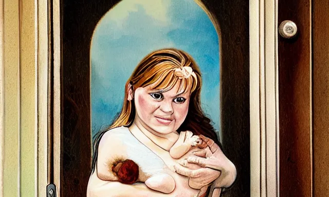 Image similar to pregnant woman in a doorway holding a flesh monstrosity like a baby fantasy painting