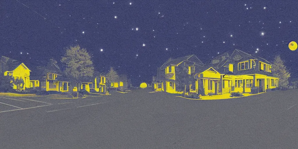 Prompt: suburban street at night, cool color scheme, radioactive light streaming out of the windows of houses, midnight blue sky, shining yellow moon, isolated, empty street, liminal space, mural, 1980s airbrush style