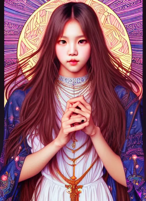 Image similar to lalisa manoban of blackpink, goddess of the moon, tarot card, highly detailed, digital painting, smooth, sharp focus, illustration, ultra realistic, 8 k, art by artgerm and alphonse mucha