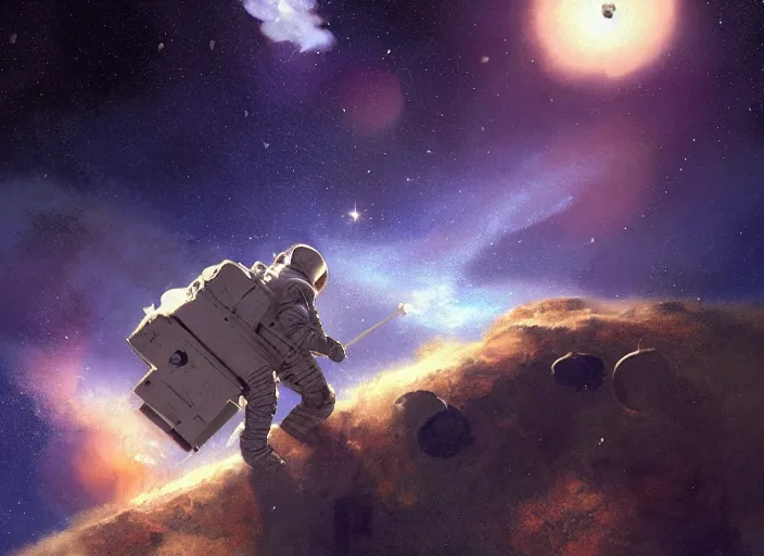 Image similar to craig mullins and ghibli digital illustration of an astronaut floating in the middle of the cosmos playing the oud playing the oud oud oud!!! improvisation, full body!!!, strong contrast, earth, galaxies, ethereal, inviting, bright, unreal engine, hyper realism, realistic shading, cinematic composition, wide shot